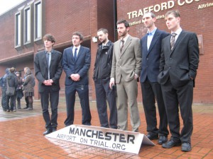 The six defendants outside Trafford Magistrates Court