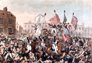 A painting of the Peterloo Massacre published by the radical journalist Richard Carlile.