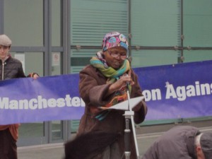 Mary Adenugba speaking at a rally in Manchester