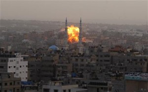 An explosion from an Israeli air force strike in Gaza City, Saturday, 17 November. Photograph: AP/Hatem Moussa