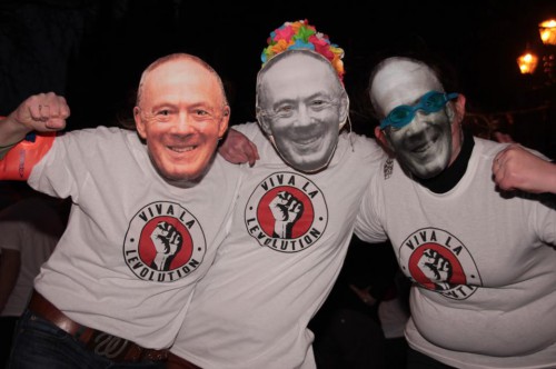Levenshulme campaigners donned Richard Leese masks at a protest to save their baths and library. Photograph: Tony Gribben